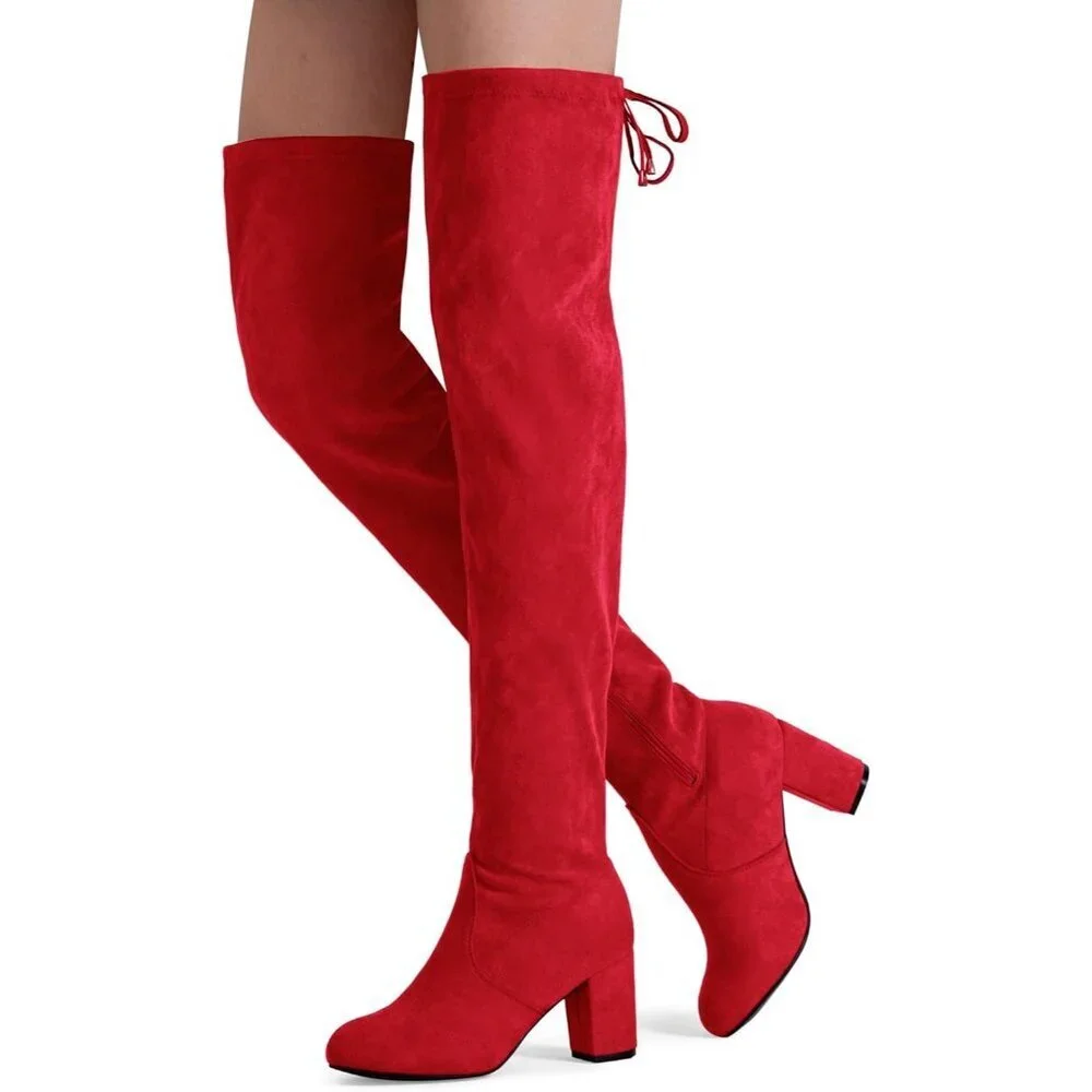 Women's Red Suede Inner Zipper Thigh High Over The Knee High Square Heel Boots